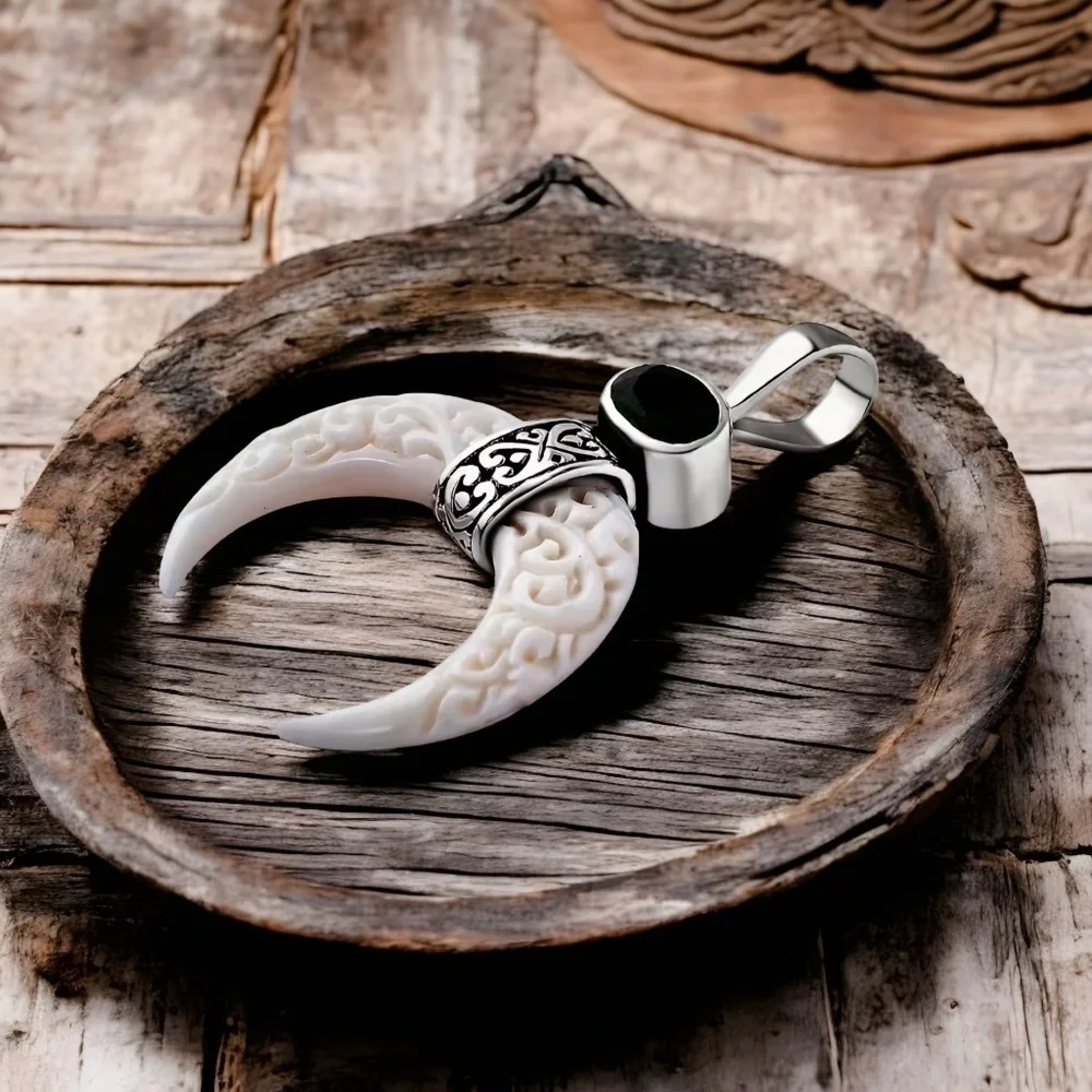 Hand Carved Bone Crescent Moon Sterling Silver Natural Chrome Diopside Pendant